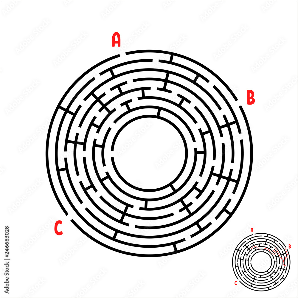Black round maze. Game for kids. Children's puzzle. Many entrances, one exit. Labyrinth conundrum. Simple flat vector illustration isolated on white background. With place for your image. Black round maze. Game for kids. Children's puzzle. Many entrances, one exit. Labyrinth conundrum. Simple flat vector illustration isolated on white background. With place for your image.