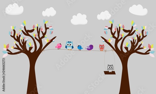 Árboles con búhos y pájaros sobre fondo gris.