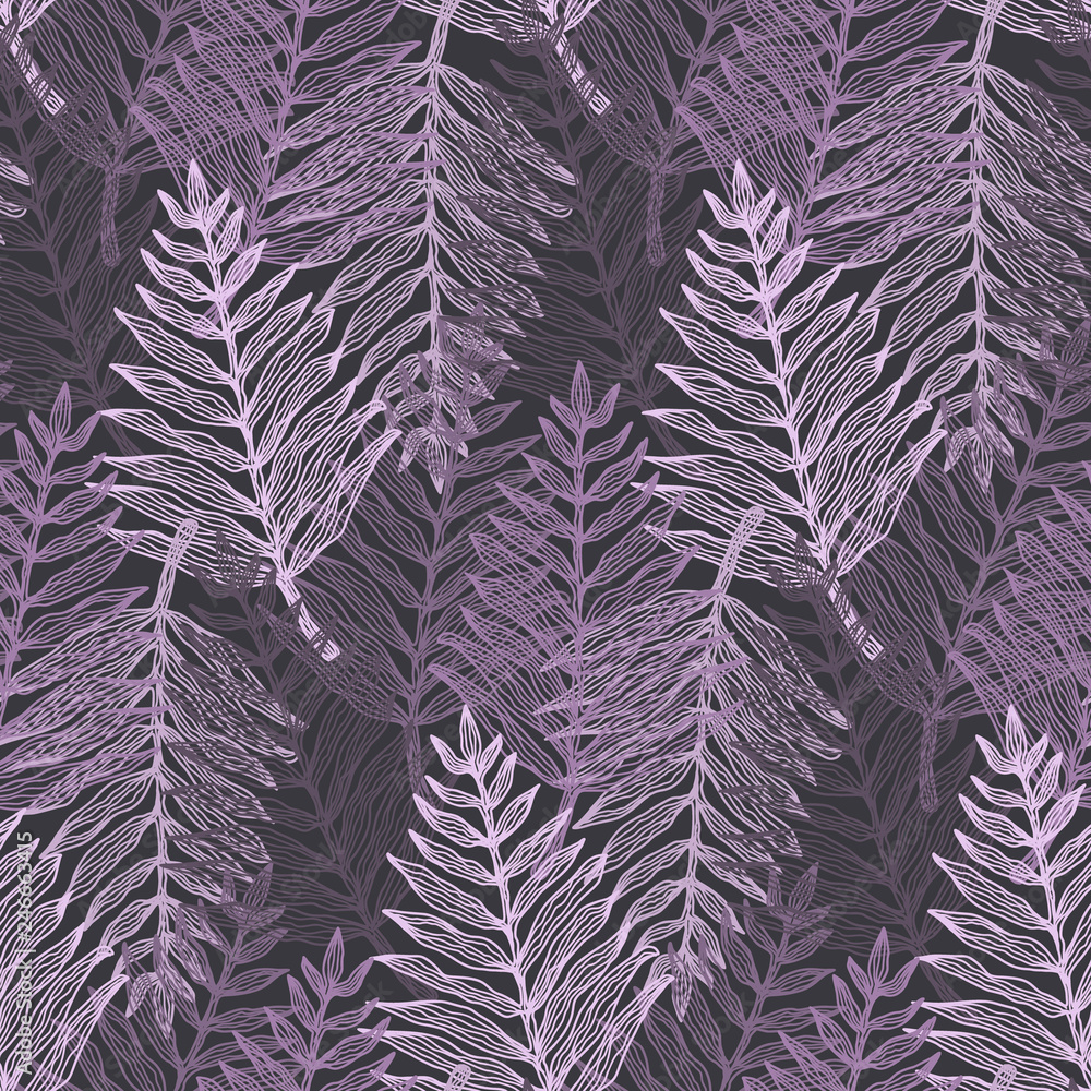 Abstract elegant dark and light purple tropical leaves seamless pattern. Trendy violet vector exotic fern leaves texture for textile, wrapping paper, surface, cover, web design, background