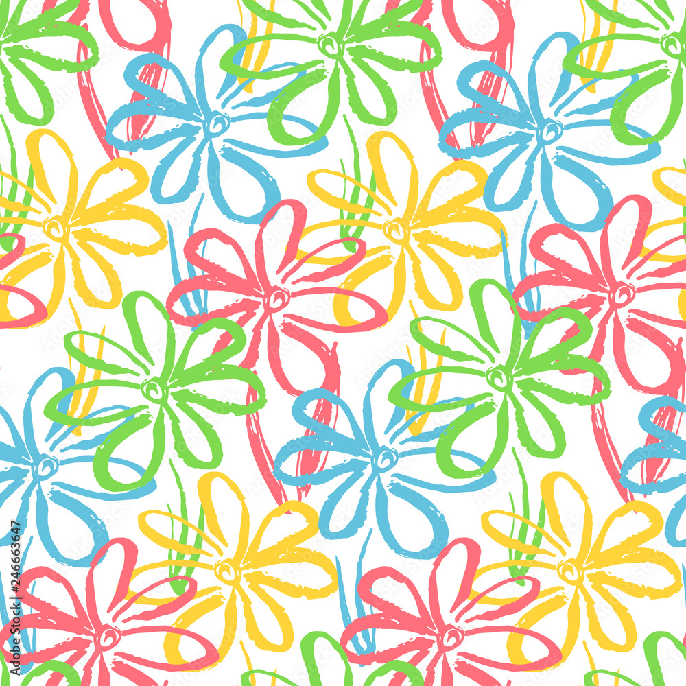 Bright seamless pattern with color hand drawn inky chamomile flowers on white background. Contrast chinese ink floral elements texture for textile, wrapping paper, cover, surface, wallpaper Bright seamless pattern with color hand drawn inky chamomile flowers on white background. Contrast chinese ink floral elements texture for textile, wrapping paper, cover, surface, wallpaper
