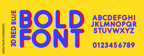 Stereo 3D letters and numbers set. Red and blue colors font. Alphabet for 3D glasses. 3D movie effect latin alphabet. Pop art monogram and poster template. Visual illusion typography design.