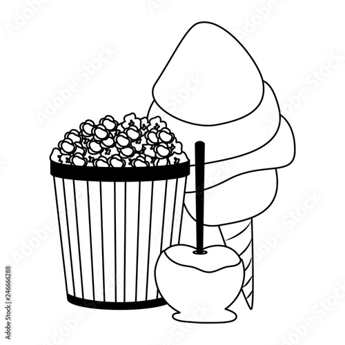 pop corn sugar cotton and caramelized apple in black and white