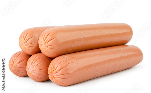 Heap of sausages close up on a white background.