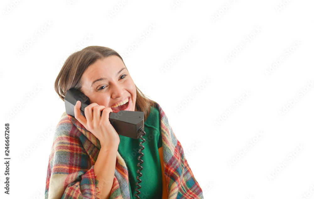 Photo of a woman who is speaking at an old phone, isolated on white background Photo of a woman who is speaking at an old phone, isolated on white background