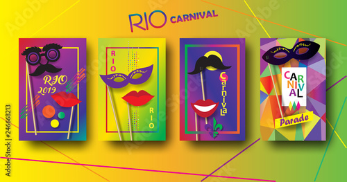 Rio Carnival festive posters set. Musicians, confetti fireworks, mask, masquerade. Festival abstract colorful geometric banner. Brazilian, Venetian, Mardi Gras, Samba wallpaper vector