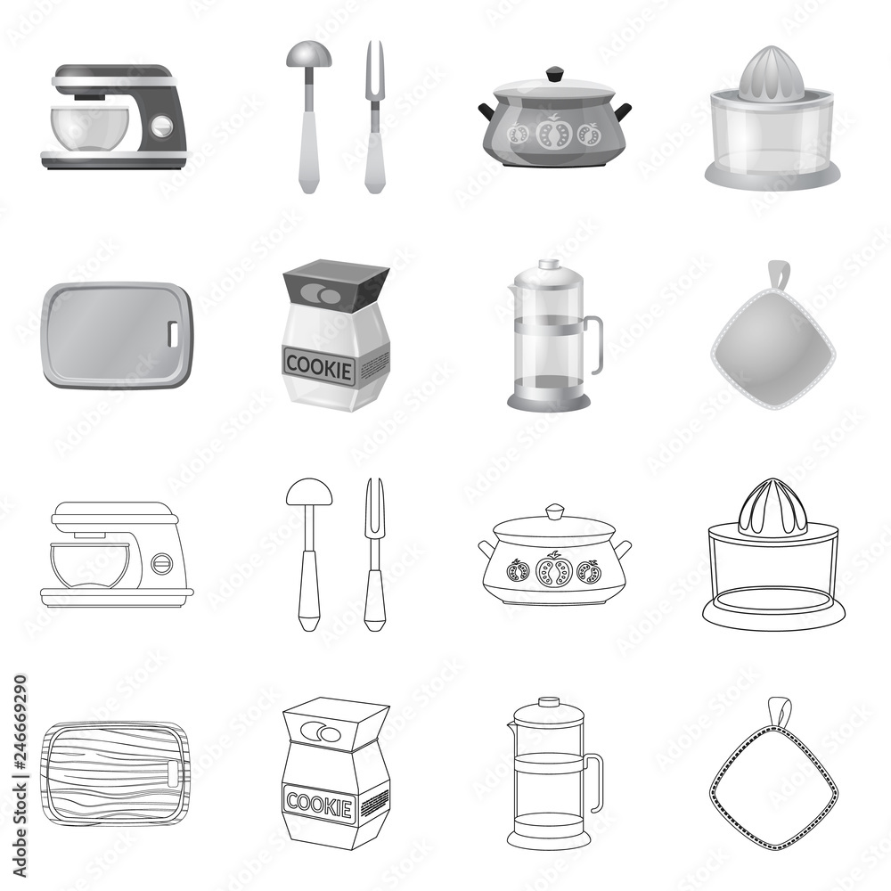 Vector illustration of kitchen and cook sign. Set of kitchen and appliance stock vector illustration. Vector illustration of kitchen and cook sign. Set of kitchen and appliance stock vector illustration.