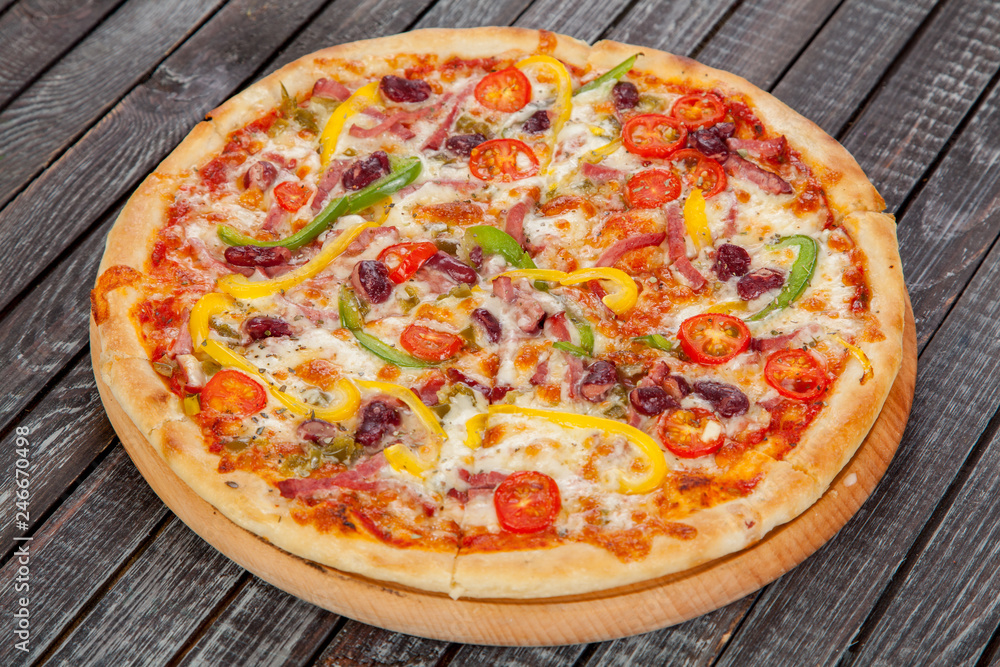  appetizing, fresh pizza on the table, for a design decoration in cooking