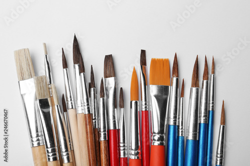 Different paint brushes on white background, top view