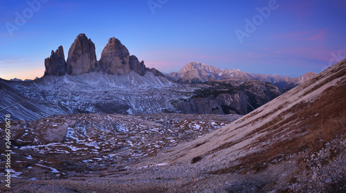 Tre Cime di Lavaredo before sunrise, Dolomites, Trentino Alto Adige, Italy