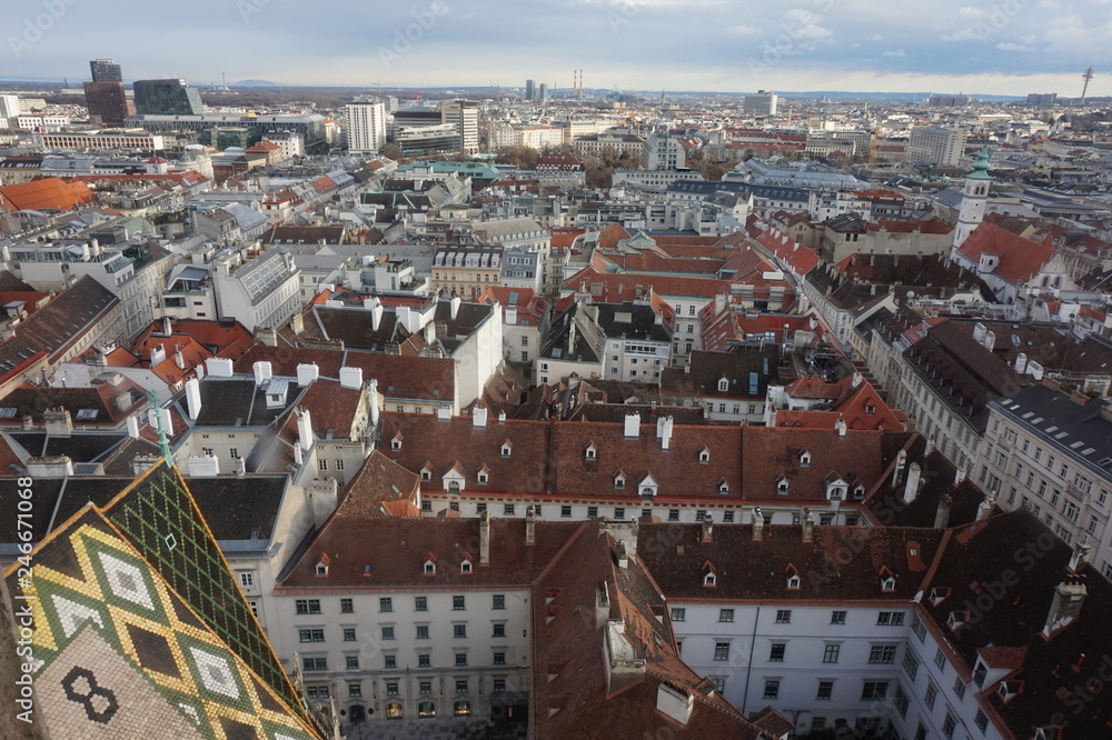 View of winter Vienna from the tower of St. Stephen’s Cathedral.