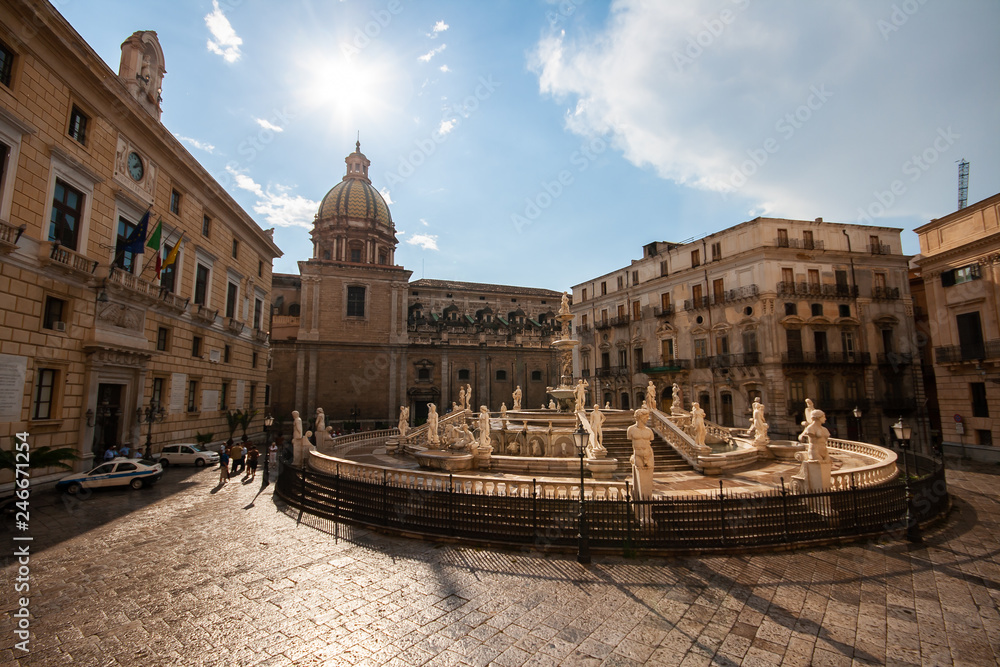 The Praetorian Fountain, located in the heart of historic center of Palermo, important landmark of Piazza Pretoria. Fountain represents 12 Olympians, animals and mythological figures