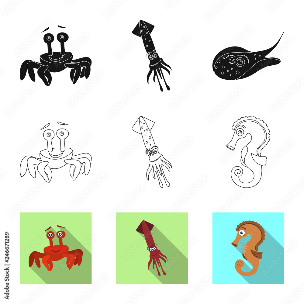 Vector design of sea and animal sign. Set of sea and marine stock vector illustration.