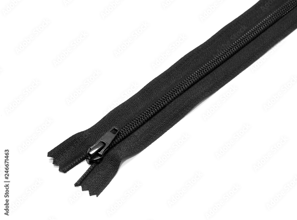 Obraz premium Closed black zipper isolated on white background. Black zipper for tailor sewing.