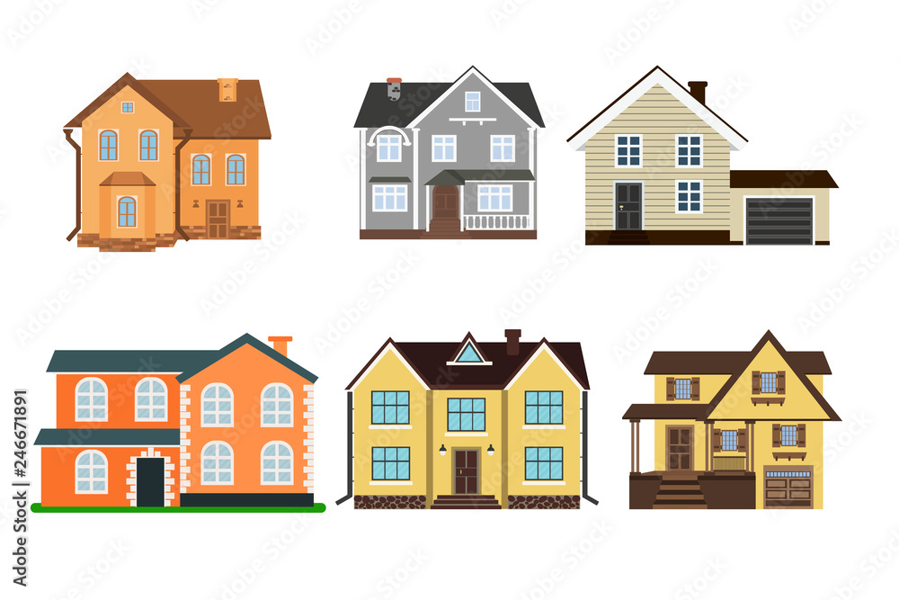 Set of houses front view in flat style isolated on white background. Collection of icons of  suburban house, town house, and cottage.  Vector illustration.