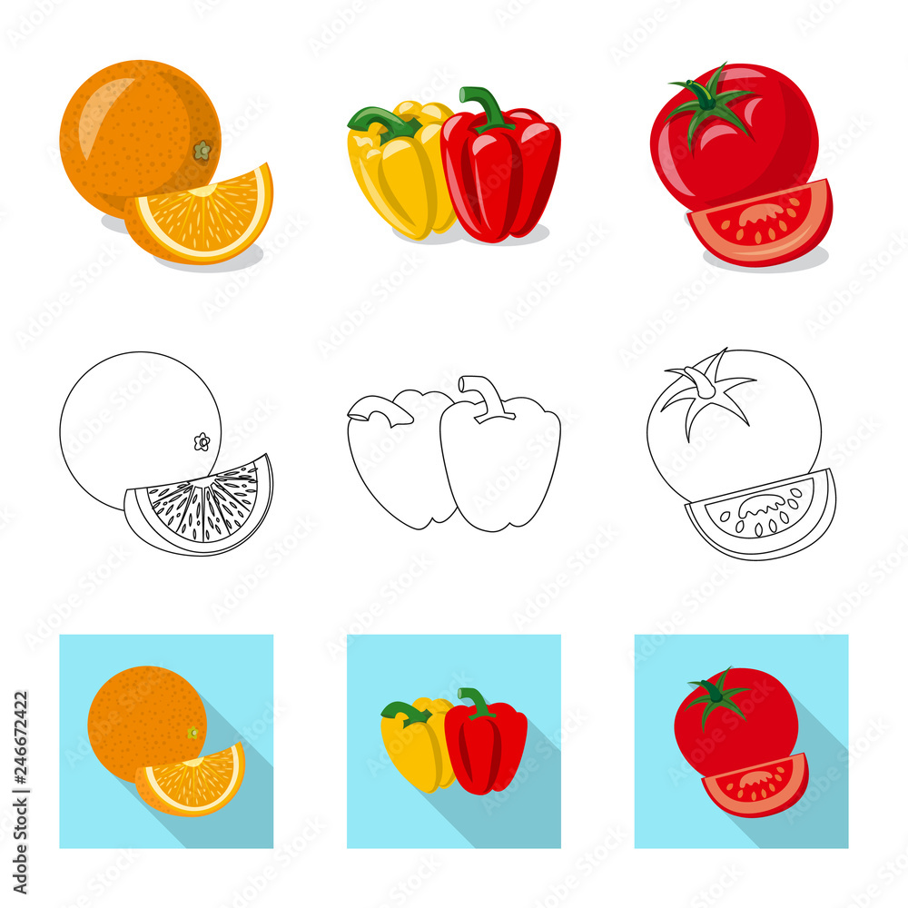 Vector illustration of vegetable and fruit icon. Set of vegetable and vegetarian stock symbol for web.