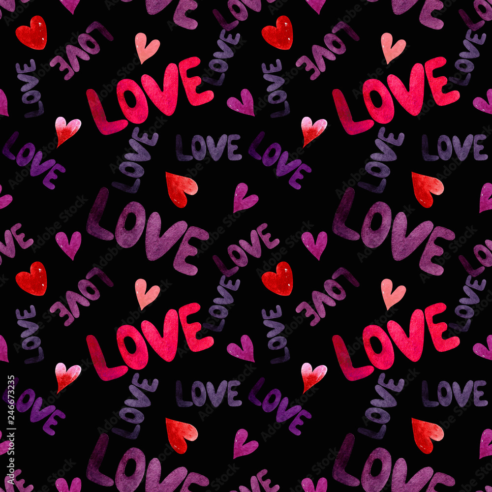 Seamless pattern with hearts and the words love on black background. Watercolor illustration Seamless pattern with hearts and the words love on black background. Watercolor illustration