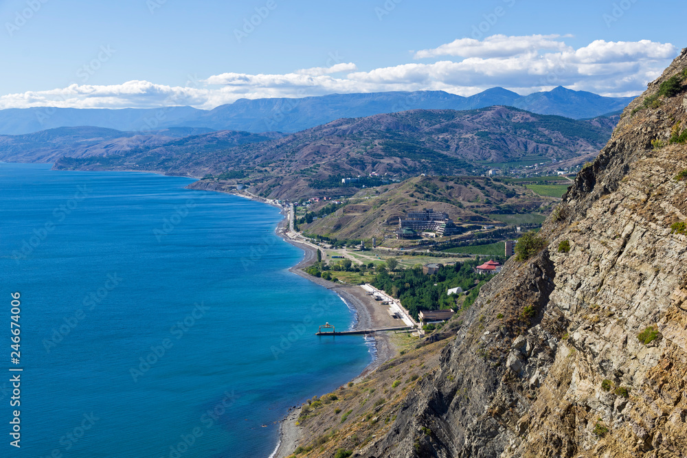 Panorama of the Black Sea coast from the top of the coastal mountains.