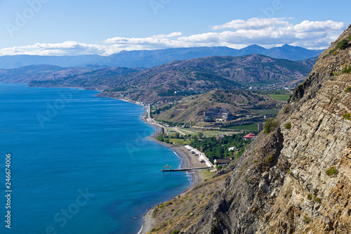 Panorama of the Black Sea coast from the top of the coastal mountains.
