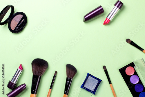 Set of cosmetics on color background.
