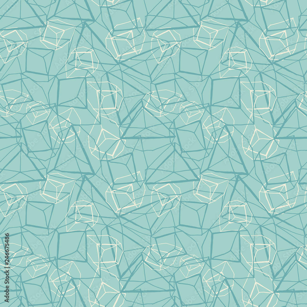 Abstract hand drawn geometric prismatic effect design in monochrome blue and white. Vector seamless pattern.