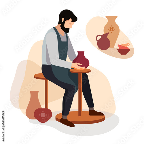 Craftsman potter sculpts a vase of clay on the machine. Vector illustration of a pottery master at work.