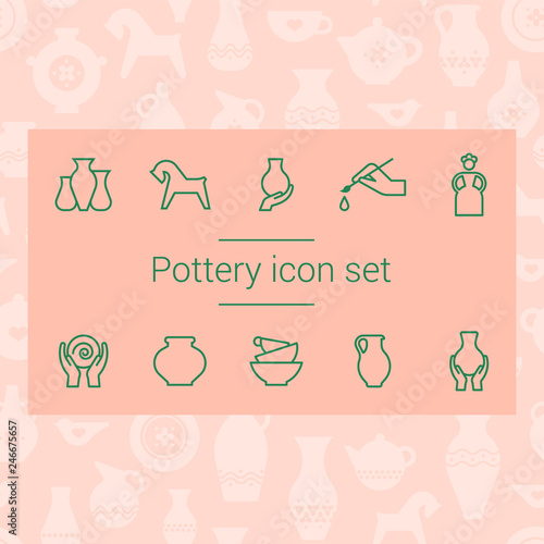 Tools and pottery. Pottery line icons, isolated vector illustration. Ceramic dishes set and craft. Vector icon set of various kitchenware on the background. The ancient craft.