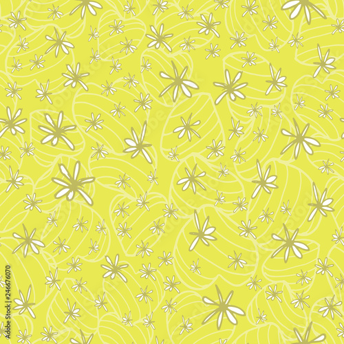 Doodle hand drawn white flowers placed on a subtle pattern of striped bouncy hearts in a fresh green yellow tone. Seamless vector pattern.