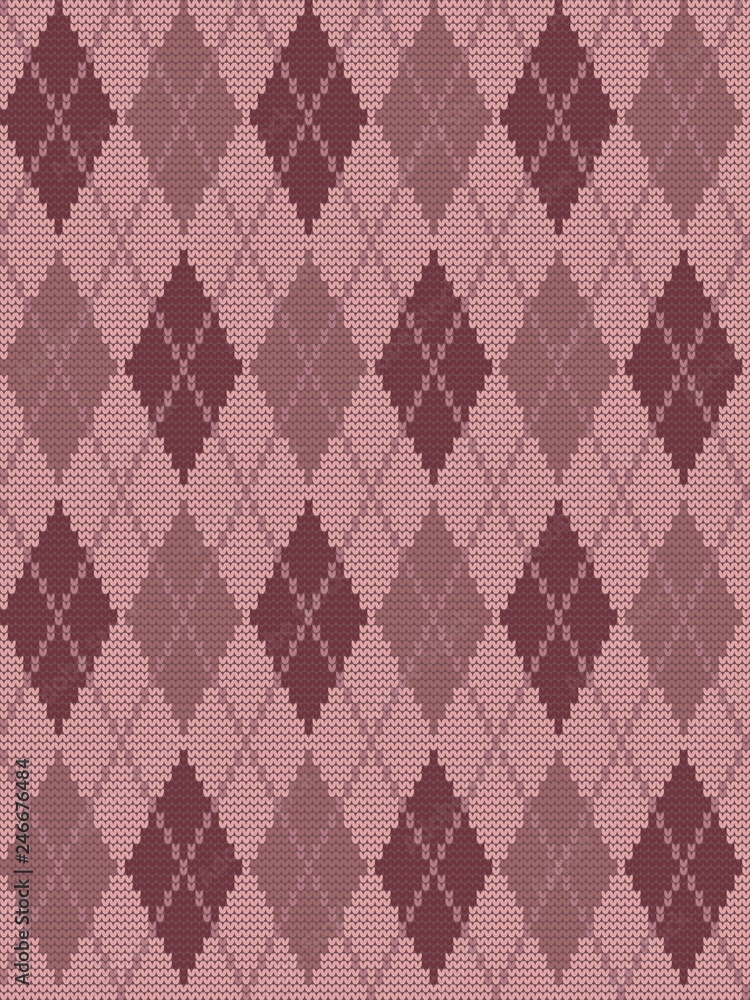 Seamless knitted pattern with rhombuses. Argyle print. Checkered background in pink colors. Vector illustration. Seamless knitted pattern with rhombuses. Argyle print. Checkered background in pink colors. Vector illustration.
