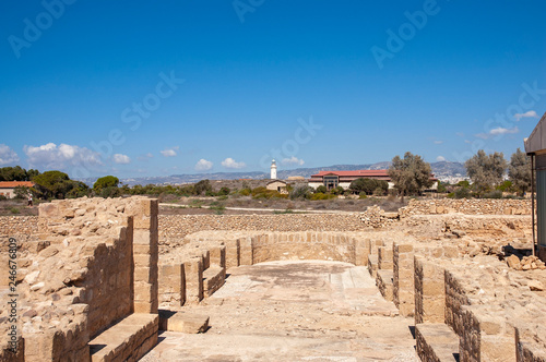 Kato Pafos Archaeological Park and Paphos Lighthouse on the background, Paphos, Cyprus