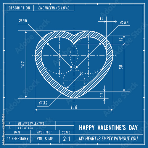 Heart sign as technical blueprint drawing. Valentines day technical concept. Mechanical engineering drawings. Valentines day banner, cover, poster, flyer or greeting card
