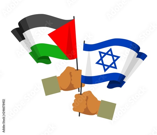 Palestine Israel relation concept. Two hands holding a flags Palestine and Israel in flat style isolated on white background