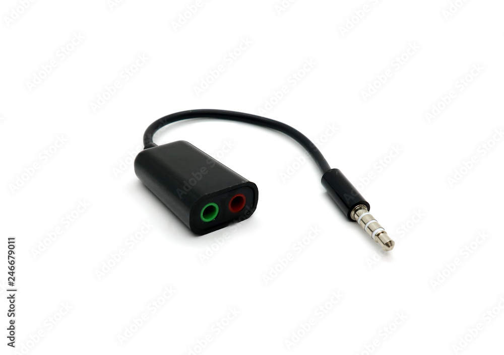 Audio adapter with two microphone and headphone jacks isolated on white background. Audio adapter with two microphone and headphone jacks isolated on white background.