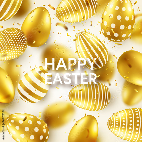 Easter golden egg with confetti and calligraphic lettering, greetings. Traditional spring holidays in April or March. Sunday. Eggs and gold.