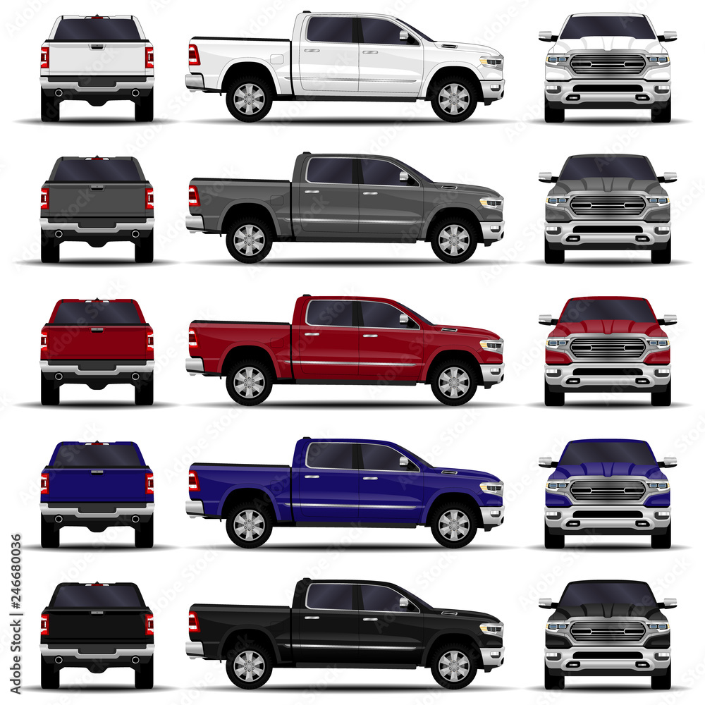 realistic cars set. truck, pickup. front view; side view; back view. - obrazy, fototapety, plakaty 