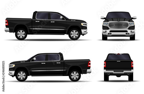 realistic car. truck, pickup. front view; side view; back view.