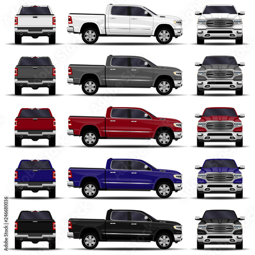 realistic cars set. truck, pickup. front view; side view; back view.