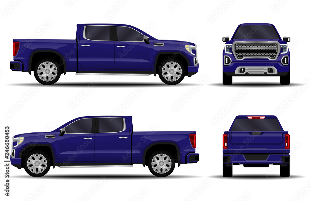 Fototapeta premium realistic car. truck, pickup. front view; side view; back view.