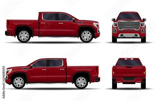 realistic car. truck, pickup. front view  side view  back view. © kupchynskyi12