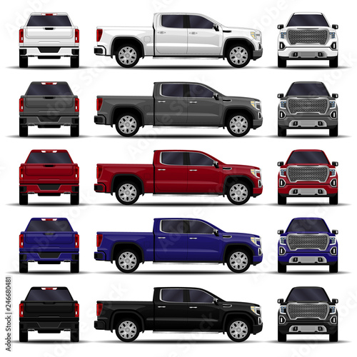 realistic cars set. truck, pickup. front view; side view; back view.