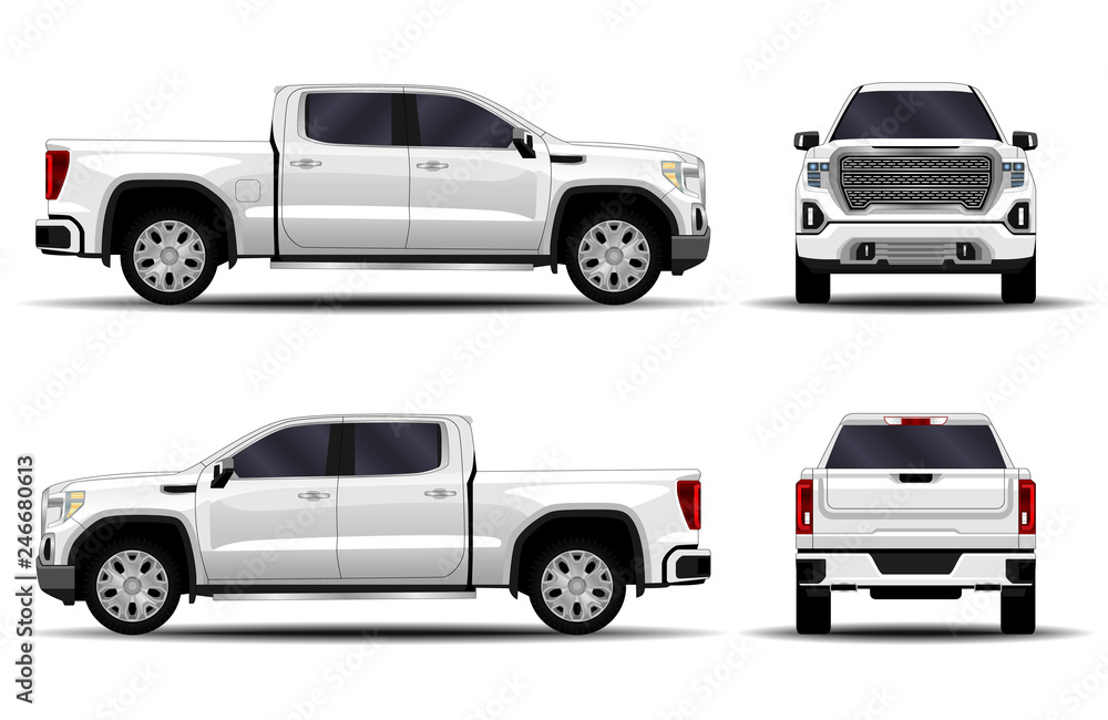realistic car. truck, pickup. front view; side view; back view.