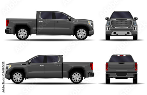 realistic car. truck, pickup. front view; side view; back view.