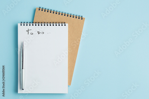 school notebook on a blue background