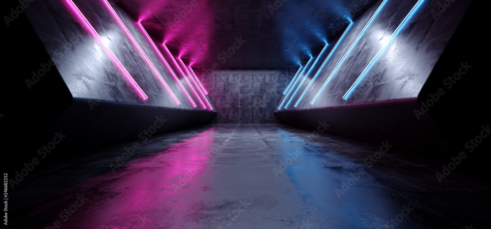 Neon Laser Glowing Cyber Sci Fi Futuristic Modern Retro Hi Tech Dance Club Purple Pink Blue Lights In Dark Grunge Reflective Concrete Tunnel Corridor Hall Room Empty 3D Rendering