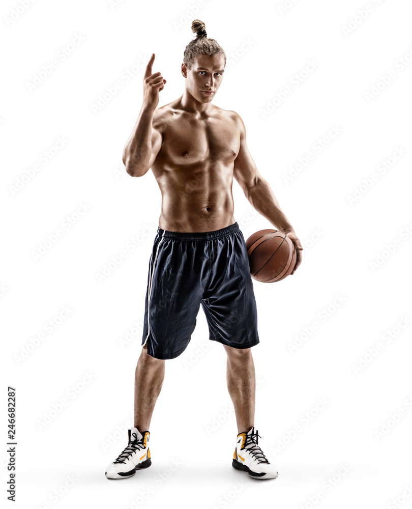 Sporty man pointing his finger up. Photo of young man shirtless with ball isolated on white background. Full length. Strength and motivation
