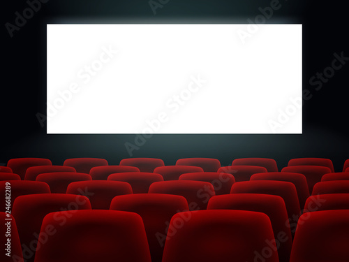 Cinema Hall With White Blank Screen And Red Rows Cinema Movie Theater Seats.