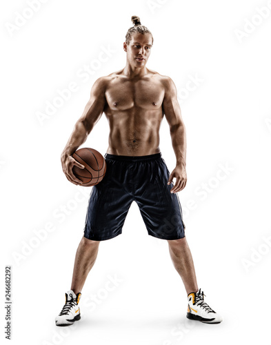Young basketball player with a ball. Photo of attractive man shirtless isolated on white background. Full length. Strength and motivation
