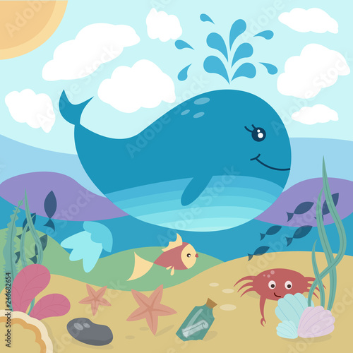 Fototapeta Naklejka Na Ścianę i Meble -  Bright illustration of underwater life: whale, fish, starfish, crab, jellyfish, seaweed. Vector Illustration. Perfect for cards, whallart, poster and other kids things.