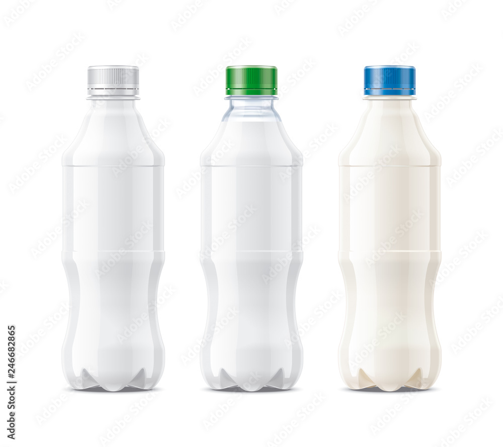 White bottles mockups. Version for milk, dairy foods and other drinks White bottles mockups. Version for milk, dairy foods and other drinks