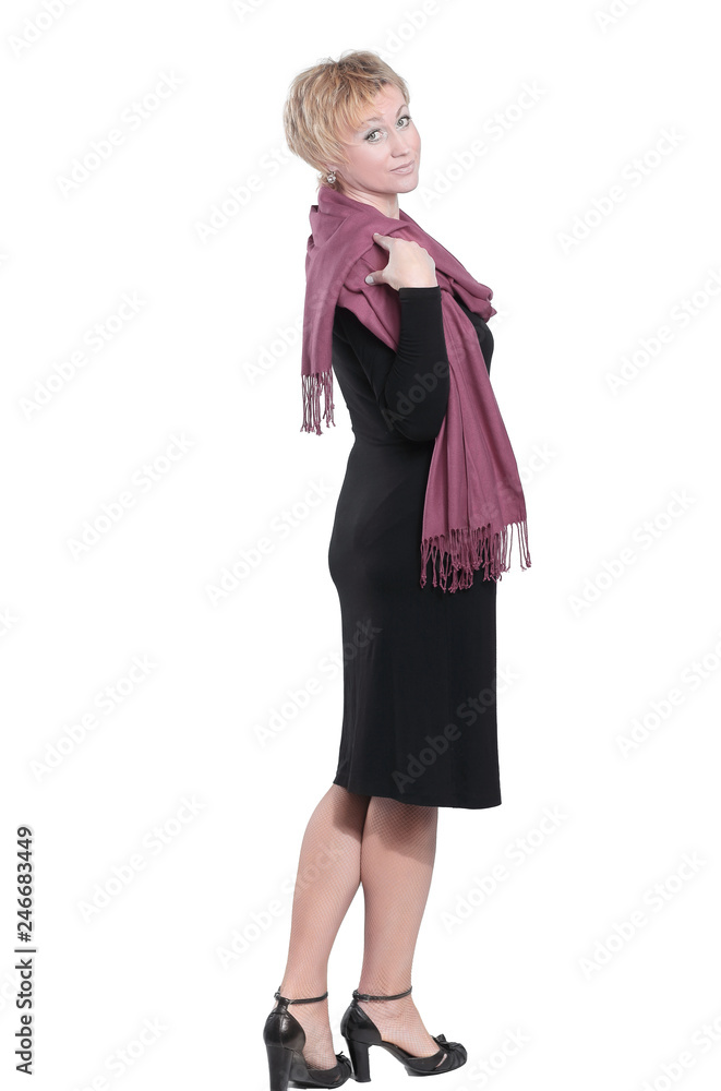 side view of fashion woman in dress with scarf side view of fashion woman in dress with scarf