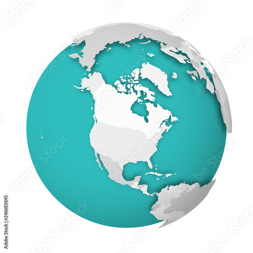 3D Earth globe with blank political map dropping shadow on blue green seas and oceans. Vector illustration